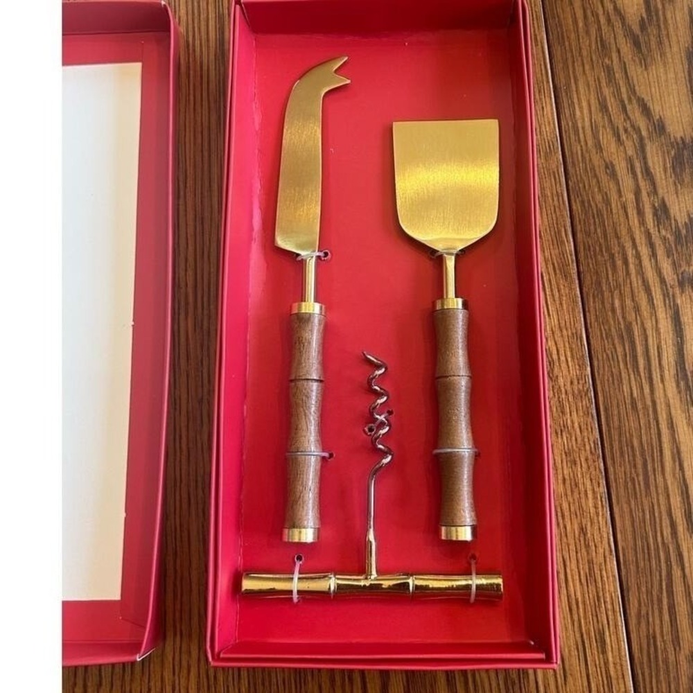 Talbots 3-piece Wintertaining Set Gold Cheese Knives Corkscrew Bamboo Handle New
